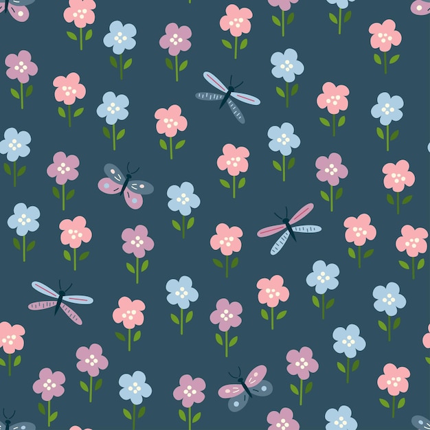 Seamless pattern with cute flowers and dragonflies on a dark background