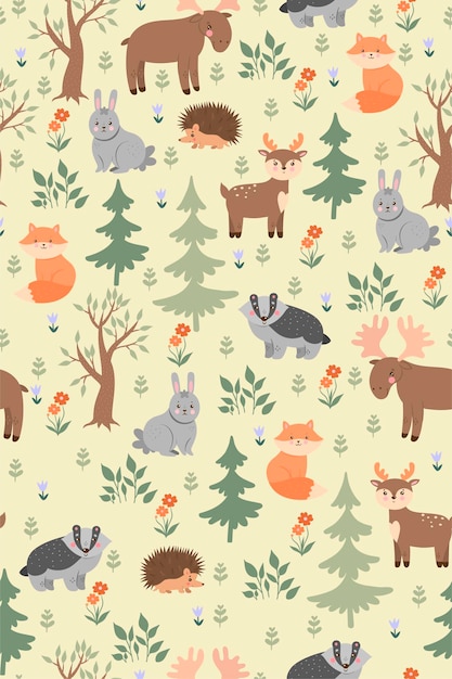 Seamless pattern with cute forest animals.