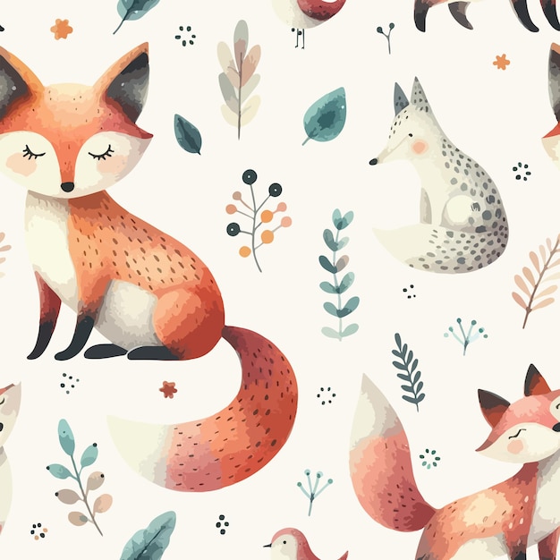 Seamless pattern with cute fox Hand Drawn vector illustration