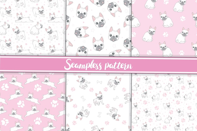 seamless pattern with cute french bulldog on pink background