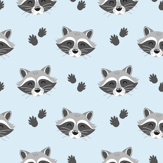 Seamless pattern with cute funny cartoon raccoon head and paws in flat style on blue background