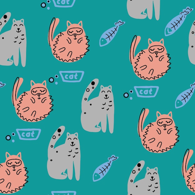 Seamless pattern with cute funny cats. Vector illustration. It can be print and used as wallpaper, packaging, wrapping paper, fabric and etc.