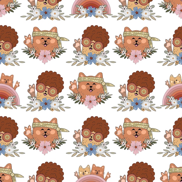 Seamless pattern with cute and funny cats. Wonderful cat 70s. Cheerful kitten.