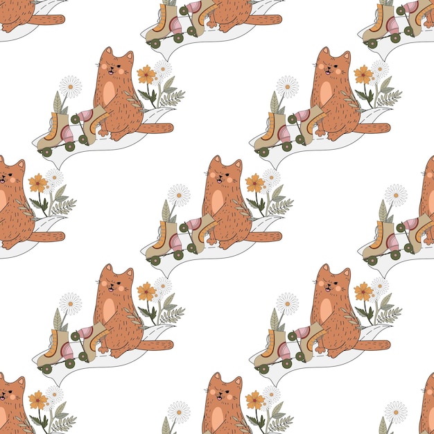 Seamless pattern with cute and funny cats. Wonderful cat 70s. Cheerful kitten.