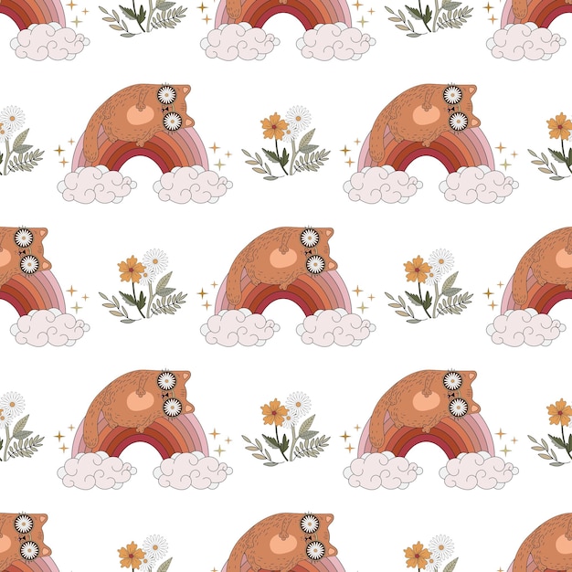 Seamless pattern with cute and funny cats. Wonderful cat 70s. Cheerful kitten.