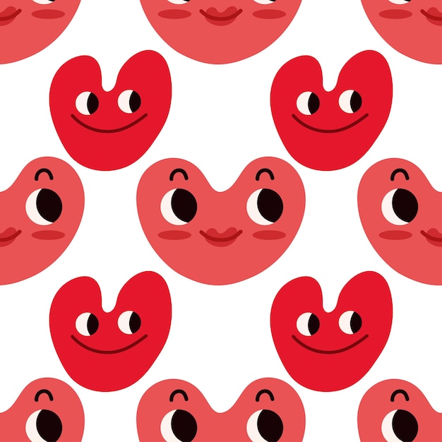 Seamless pattern with cute funny heart face in trendy style. Cool romantic print. Modern vector illustration.