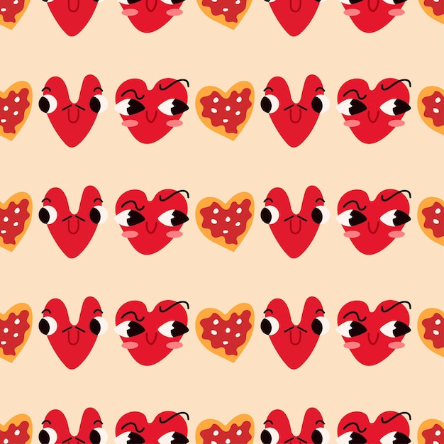 Seamless pattern with cute funny heart faces and pizza in trendy style. Cool romantic print. Modern vector illustration.