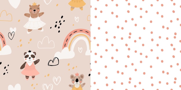 Seamless pattern with cute funny little ballerina bears polar grizzly panda sloth koala Vector kids illustration Scandinavian style flat design Cartoon children concept