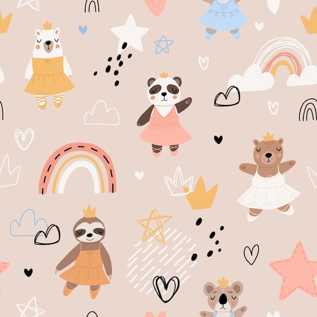 Seamless pattern with cute funny little ballerina bears polar grizzly panda sloth koala Vector kids illustration Scandinavian style flat design Cartoon children concept