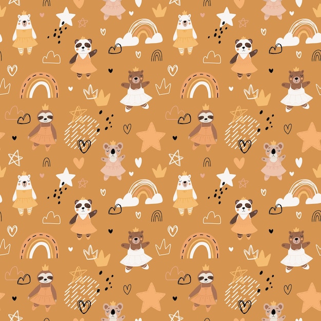 Seamless pattern with cute funny little ballerina bears polar grizzly panda sloth koala Vector kids illustration Scandinavian style flat design Cartoon children concept