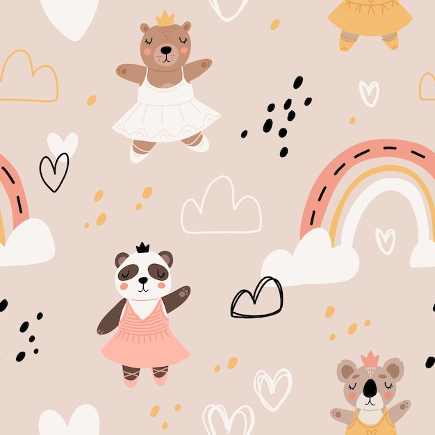 Seamless pattern with cute funny little ballerina bears polar grizzly panda sloth koala Vector kids illustration Scandinavian style flat design Cartoon children concept