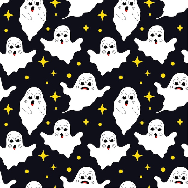 Seamless pattern with cute ghosts Festive Halloween template print Funny phantoms Ghost Halloween seamless pattern flat design