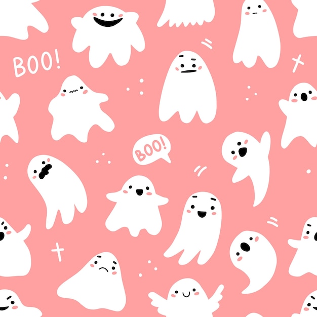 Seamless pattern with cute ghosts and lettering in cute cartoon doodle style on a pink background