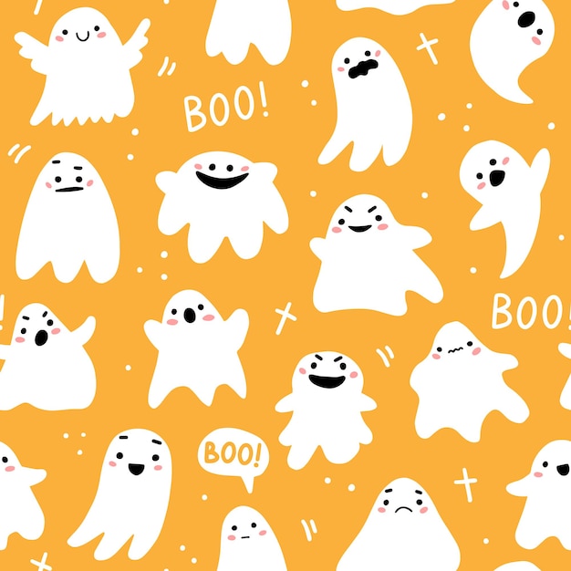 Seamless pattern with cute ghosts and lettering in cute cartoon doodle style on a yellow background