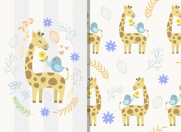 Seamless pattern with cute giraffe and bird character