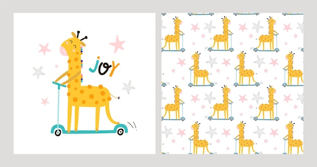 Seamless pattern with cute giraffe on a scooter Kids print Vector hand drawn illustration