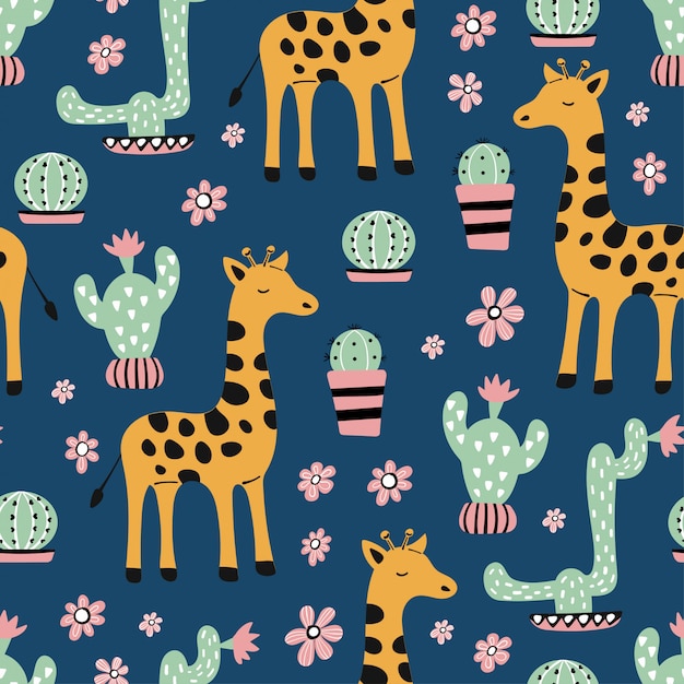 Seamless pattern with cute giraffee and cactus.