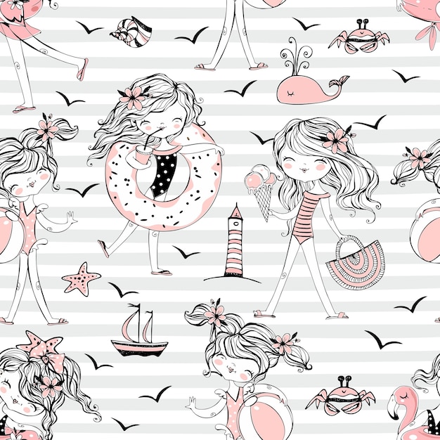 Seamless pattern with cute girls in swimsuits on the sea beach Striped background Vector