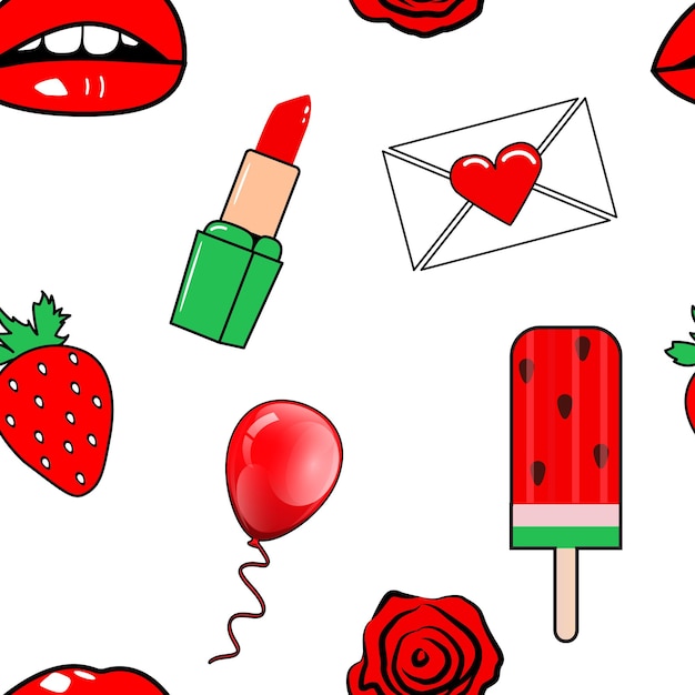 Seamless pattern with cute girly red stickers lips and strawberry on white background vector