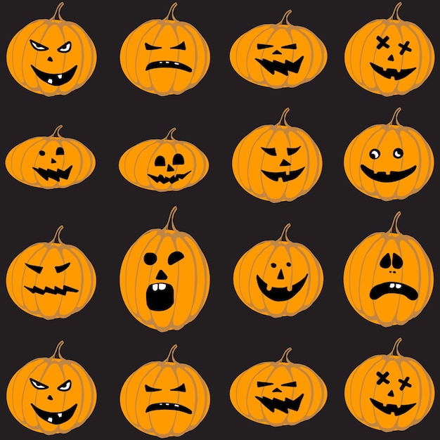 Seamless pattern with cute Halloween pumpkins in cartoon style on a black background