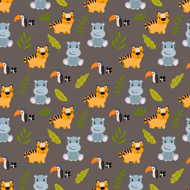 Seamless pattern with cute hand drawn animals Tiger hippo toucan