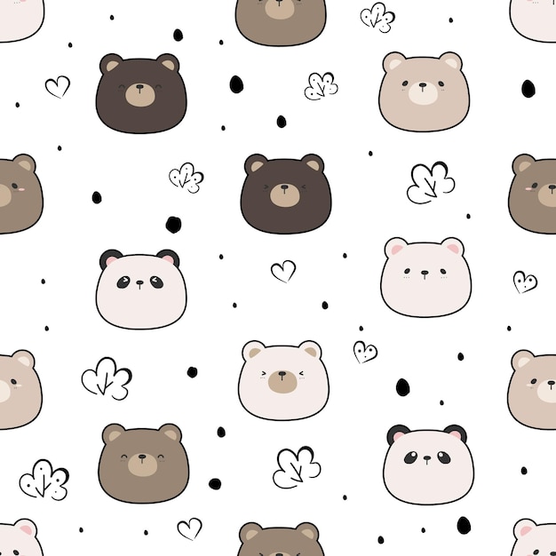 Seamless pattern with cute hand drawn bear head cartoon on white background