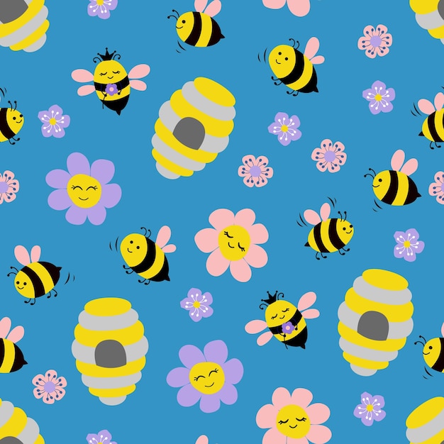 Seamless pattern with cute hand drawn bees bee flowers