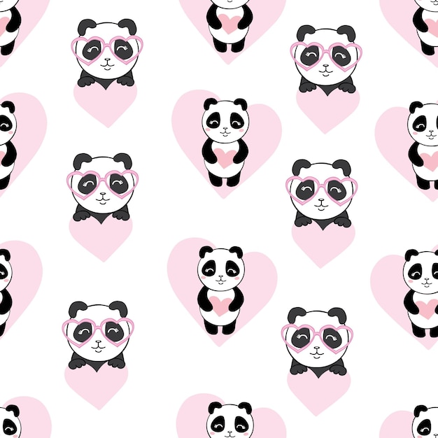 Seamless pattern with cute hand drawn panda' heads Animal tiling background