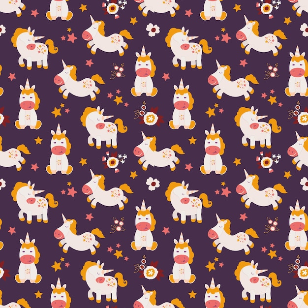 Seamless pattern with cute hand drawn unicorns rainbows and flowers