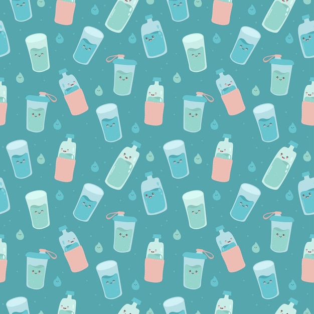 Seamless pattern with cute happy funny bottles and glasses vector cartoon kawaii character water Drink more water every day concept