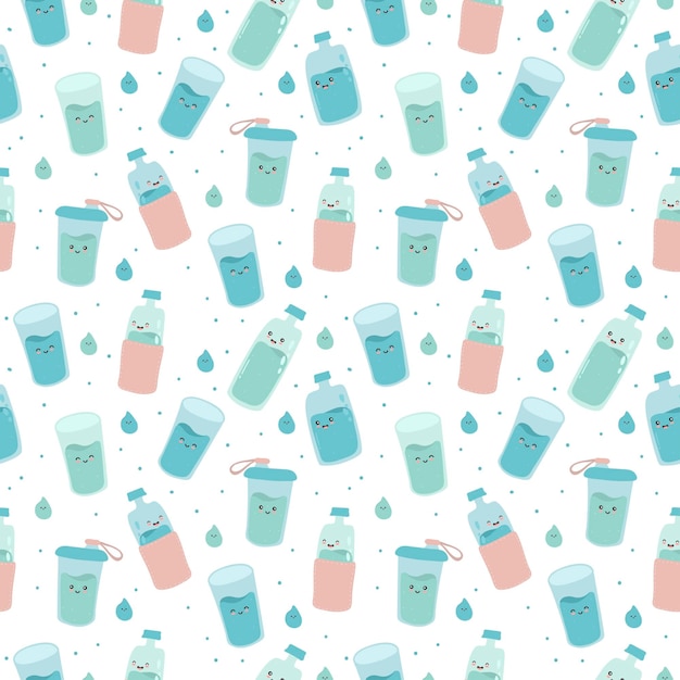 Seamless pattern with cute happy funny bottles and glasses vector cartoon kawaii character water Drink more water every day concept