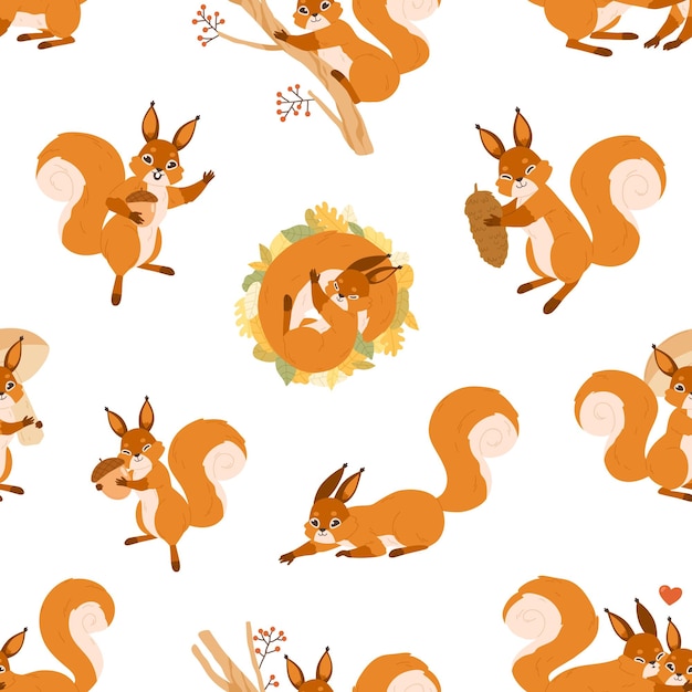 Seamless pattern with cute happy squirrels on white background. Endless repeatable texture with adorable wild animals in autumn. Colored flat vector illustration of printable backdrop with rodents.