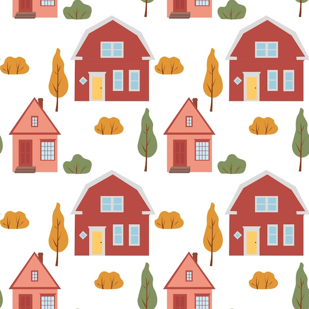 Seamless pattern with cute houses Autumn trees and houses autumn pattern