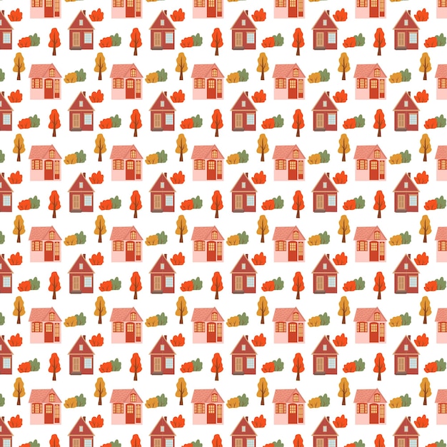 Seamless pattern with cute houses Autumn trees and houses autumn pattern