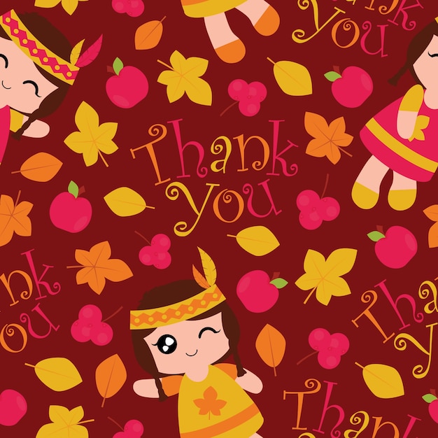 Seamless pattern with cute Indian girls, apples and maple leaves on red background vector cartoon suitable for thanksgiving wallpaper design, scrap paper and kid fabric clothes background