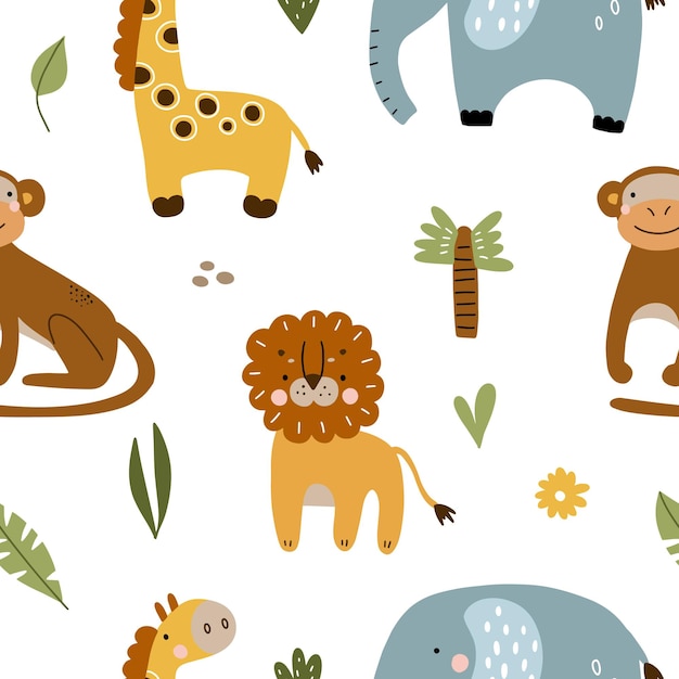 Seamless pattern with cute jungle animals and plants. Vector illustration isolated on white backgrou