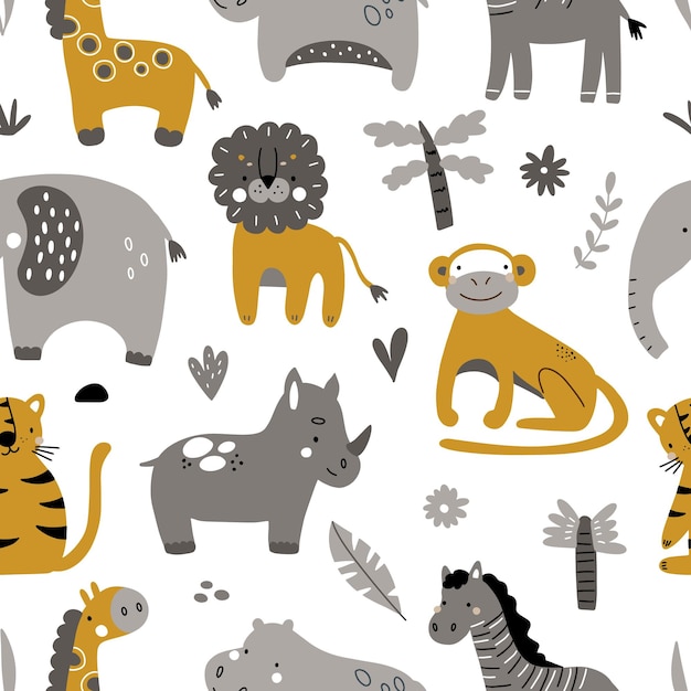 Seamless pattern with cute jungle animals and plants. Vector illustration isolated on white backgrou