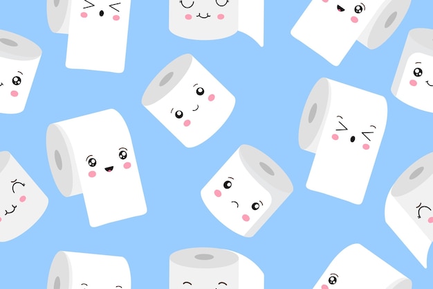 Seamless pattern with cute kawaii cartoon toilet paper rolls with faces Vector