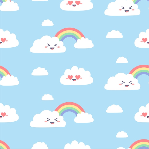 Seamless pattern with cute kawaii clouds. Simple cloud characters with rainbow on blue