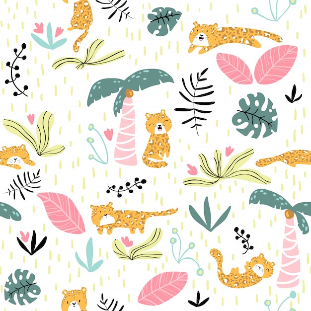  seamless pattern with cute leopard and tropical plants. Nursery texture in scandinavian style great for children's clothes, fabric, textile, wallpapers, backgrounds