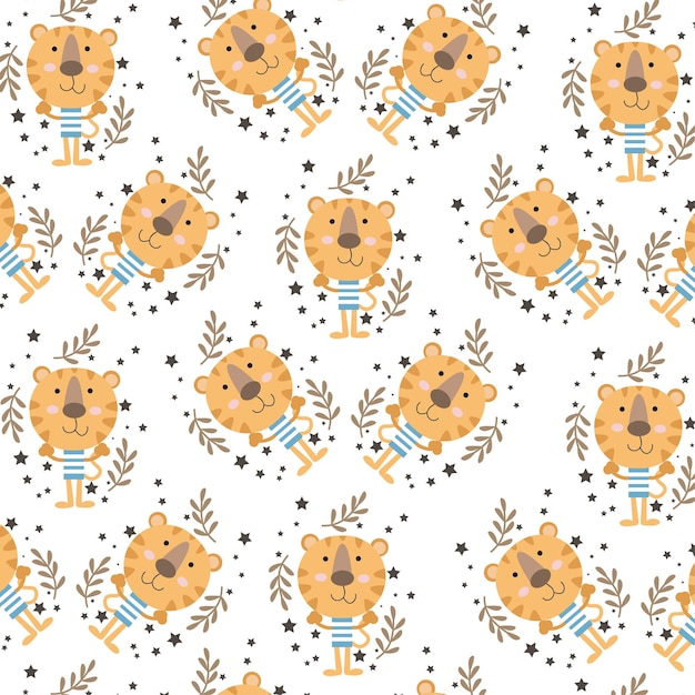 Seamless pattern with cute lion animals and flowers perfect for wrapping paper