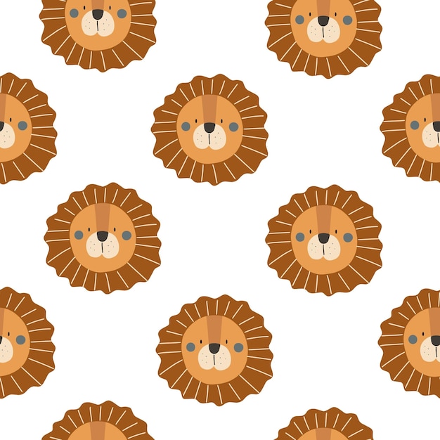 Seamless pattern with cute lion faces Vector illustration isolated on white background hand drawn for your design