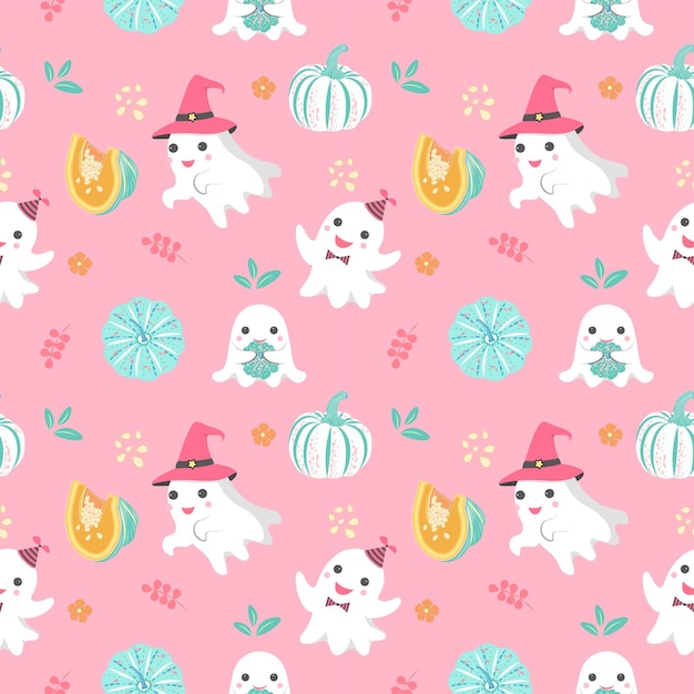 Vector seamless pattern with cute little ghost and pumpkin_pink background_perfect for decor textile