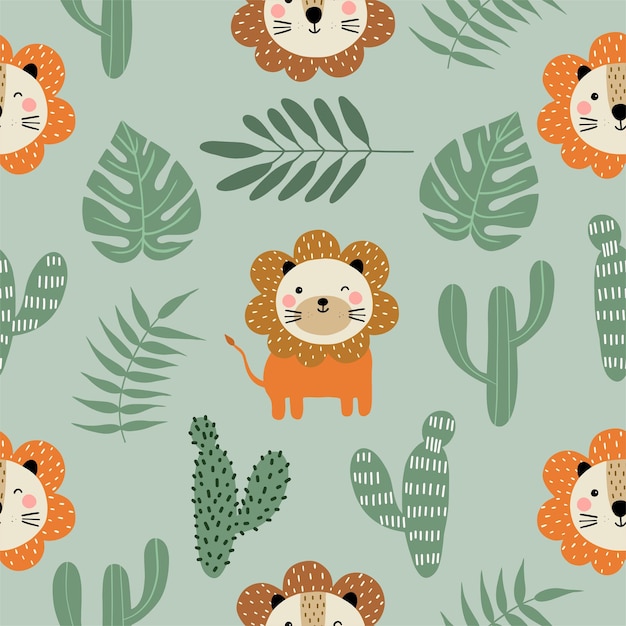 Seamless pattern with cute little lion cactus and green leaves tropical for your fabric children textile nursery decoration gift wrap paper kids bedding babys shirt Vector illustration