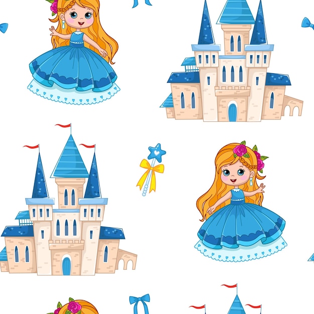 Seamless pattern with a cute little princess in a ball gown and a palace Royal castle in a fun