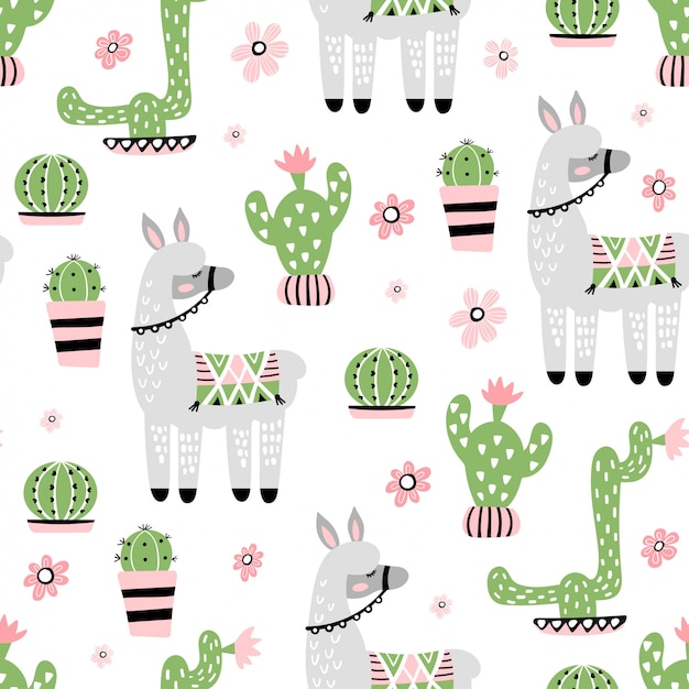 Seamless pattern with cute llama and cactus