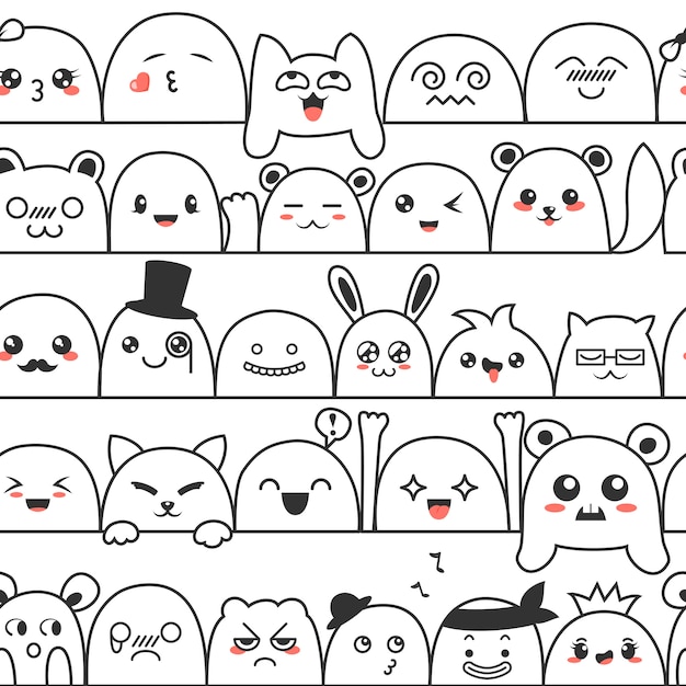 Seamless pattern with cute lovely kawaii monsters and animals. 