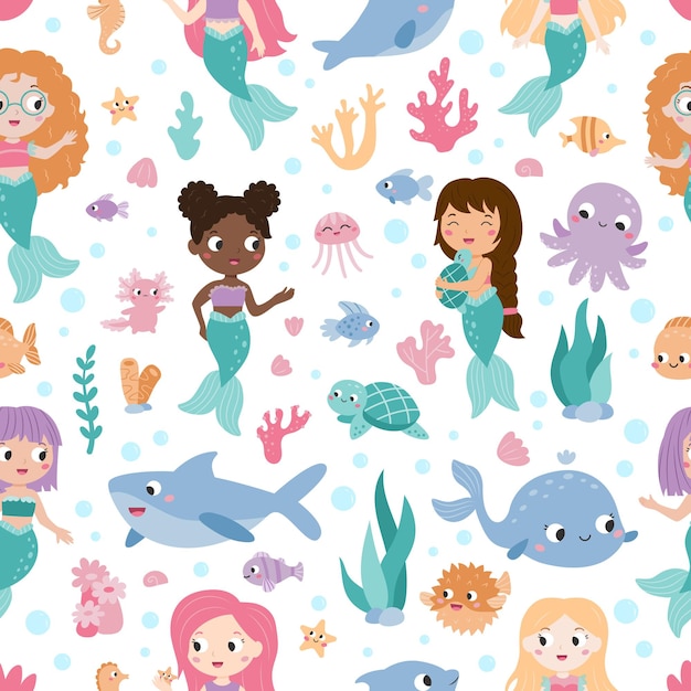 Seamless pattern with cute mermaids