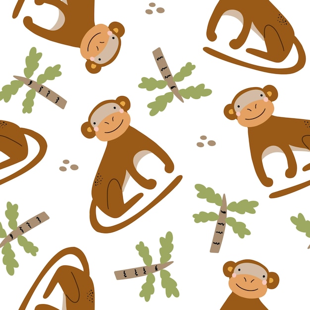 Seamless pattern with a cute monkey among palm trees Vector illustration isolated on white background for your design