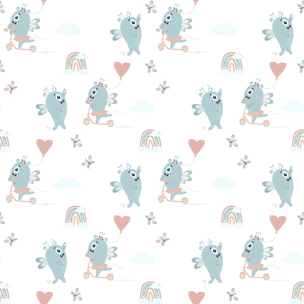 Seamless pattern with cute monsters pair of winged blue monsters boy and girl ride scooter